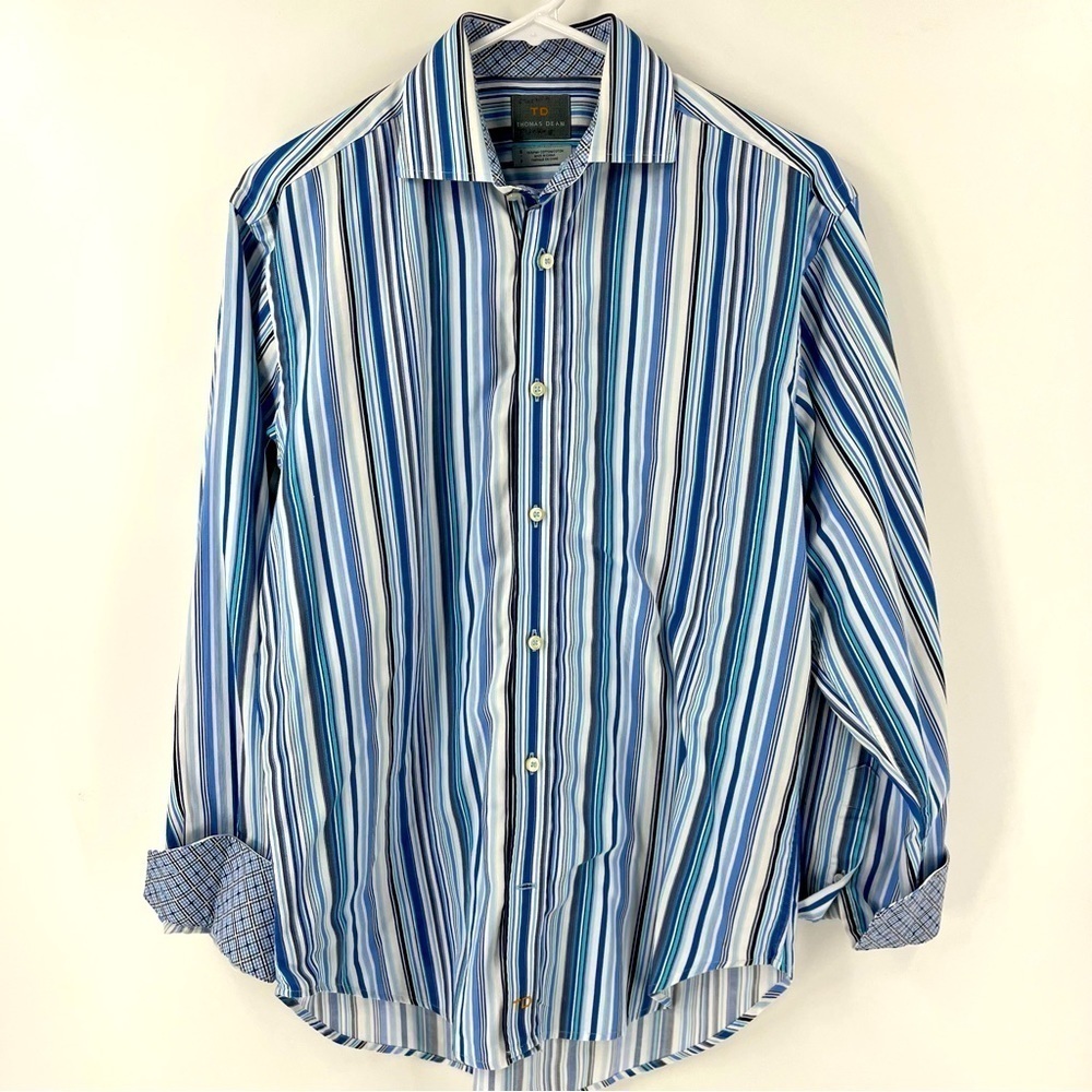Thomas Dean‎ Blue-White-Black Striped LS Shirt in Size Small